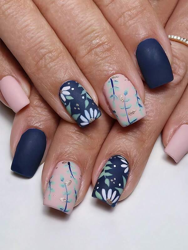 24 piezas Uñas postizas cuadradas medianas con diseño de flores y hojas azul marino y rosa, acabado mate, para estudiantes, damas de oficina, fiestas y uso diario. Uñas postizas de cobertura completa, suministros para decoración de uñas que realzarán tu estilo de moda.