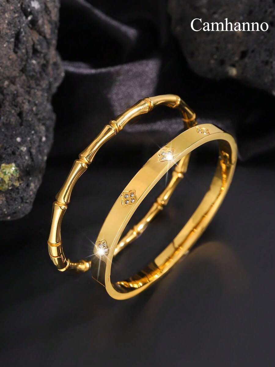 Camhanno 两件简约时尚、优雅迷人的不锈钢竹节锆石手链，不同形状和款式组合，为您的美丽加分，适合日常佩戴，送给爱人/闺蜜。 - 金黃色 - 查看 1