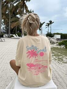 SALTY SOUL Women's Spring/Summer New Seaside Resort Coconut Tree Sun Printed Daily Casual Round Neck Short Sleeve T-Shirt Fashionable Dressing, Your Daily Vacation Essential. Vacation Outfits Women Graphic Tees Women