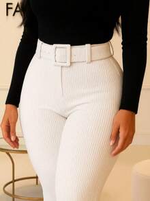 Women's 3D Ribbed Riding Pants Leggings With Belt High Waist Pocket - Blanco - Ver 1