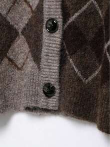 山茶花女装秋冬新款菱格纹长袖单排扣休闲开衫 - 棕色 - 查看 9