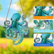 1 件鲜艳的蓝色章鱼亚克力捕光器 - 彩色玻璃风格窗户装饰，配有悬挂绳，是海洋爱好者的理想选择，可提升家居和花园的格调，是感恩节和圣诞节礼物的完美之选