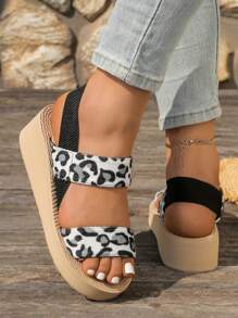 Plus Size 2025 Summer New Wish Fashion Cross-Border Chunky Heel Buckle Sandals, Leopard Print Platform Slide Sandals