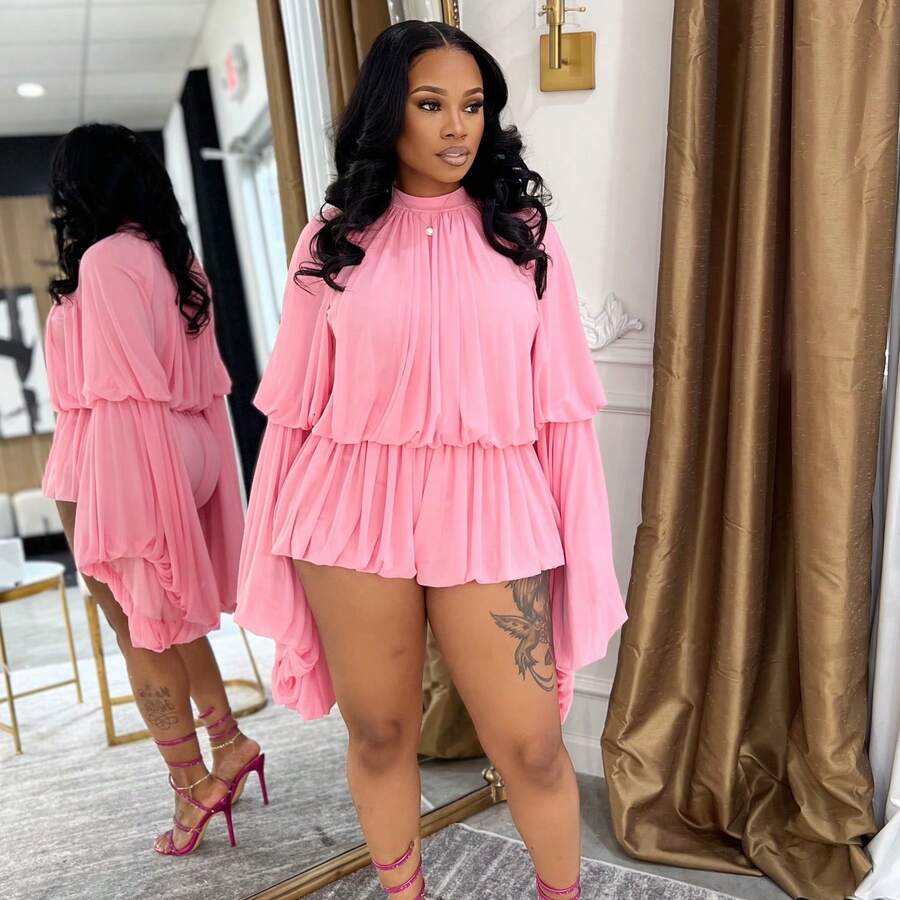 2pcs Set: Solid Color Casual Pleated Long Sleeve Top And Shorts - Pink - View 1