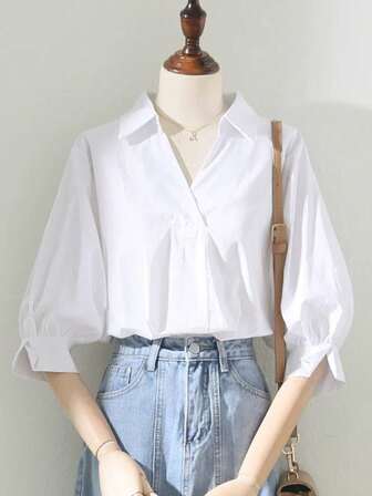 大码女式夏季休闲通勤简约纯色V领灯笼袖宽松衬衫