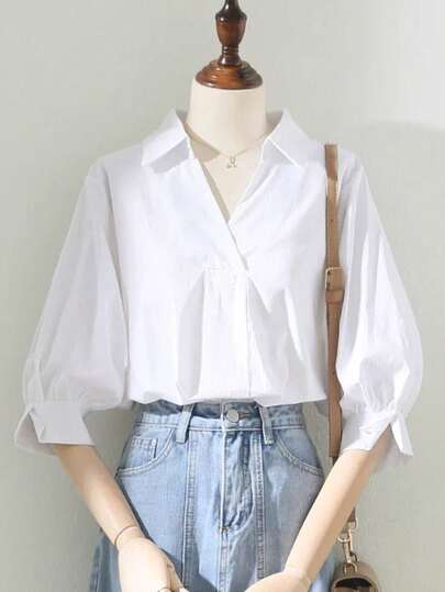 大码女式夏季休闲通勤简约纯色V领灯笼袖宽松衬衫