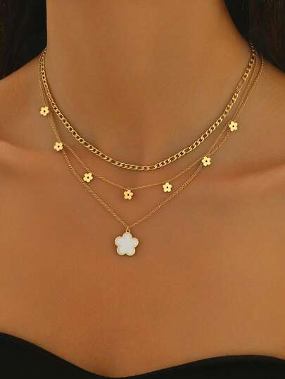 1pc Fashion Multi-Layer Flower Pendant White Shell Stainless Steel Chain Necklace, Elegant French Minimalist Style, Versatile Party Celebration Choker Jewelry For Women