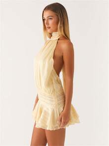 Women's Pleated Waist Sheer Mesh Ruffle Mini Dress Summer Casual Halter Neck High Neck Bodycon Short Dress Self-Tie Backless Sundress Party Clubwear - 黃色 - 查看 4