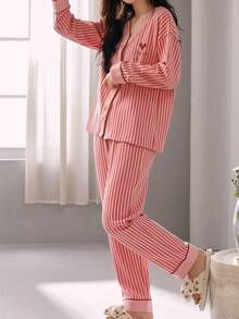 2pcs Women's V-Neck Sleepwear Pajama Set, Long Sleeve Top And Pants, Skin-Friendly Loungewear, Spring & Autumn, Fall Winter Clothes