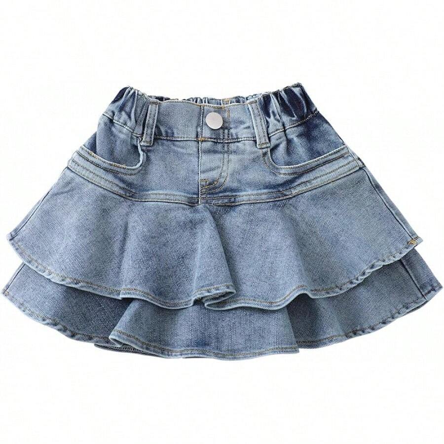 Little Girl's Denim Skirts Mini Flared Pleated Toddler Jean Skorts With Shorts Underneath - 藍色牛仔布 - 查看 1