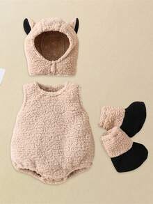 Baby Halloween Animal Outfits Plush Patchwork Sleeveless Round Neck Romper With Hat And Shoes 4Pcs Clothing Sets For Toddler Boys Girls Halloween Clothes - Khaki - View 5