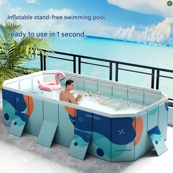 1 Foldable Portable Adult & Family Swimming Pool - Rigid PVC Shell, Puncture-Proof, No Inflation Required, Rectangular Shape With Whimsical Underwater Design, Ideal For Summer Cooling Down, Relaxation In Garden, Backyard Or Rooftop
