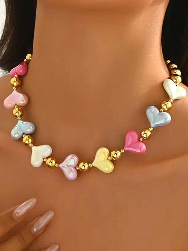 1pc Women's - Dopamine Heart Beaded With Gold Spacer Beads, Lightweight Daily Jewelry, Suitable For Party, Festival And Gift, Bohemian Jewelry
