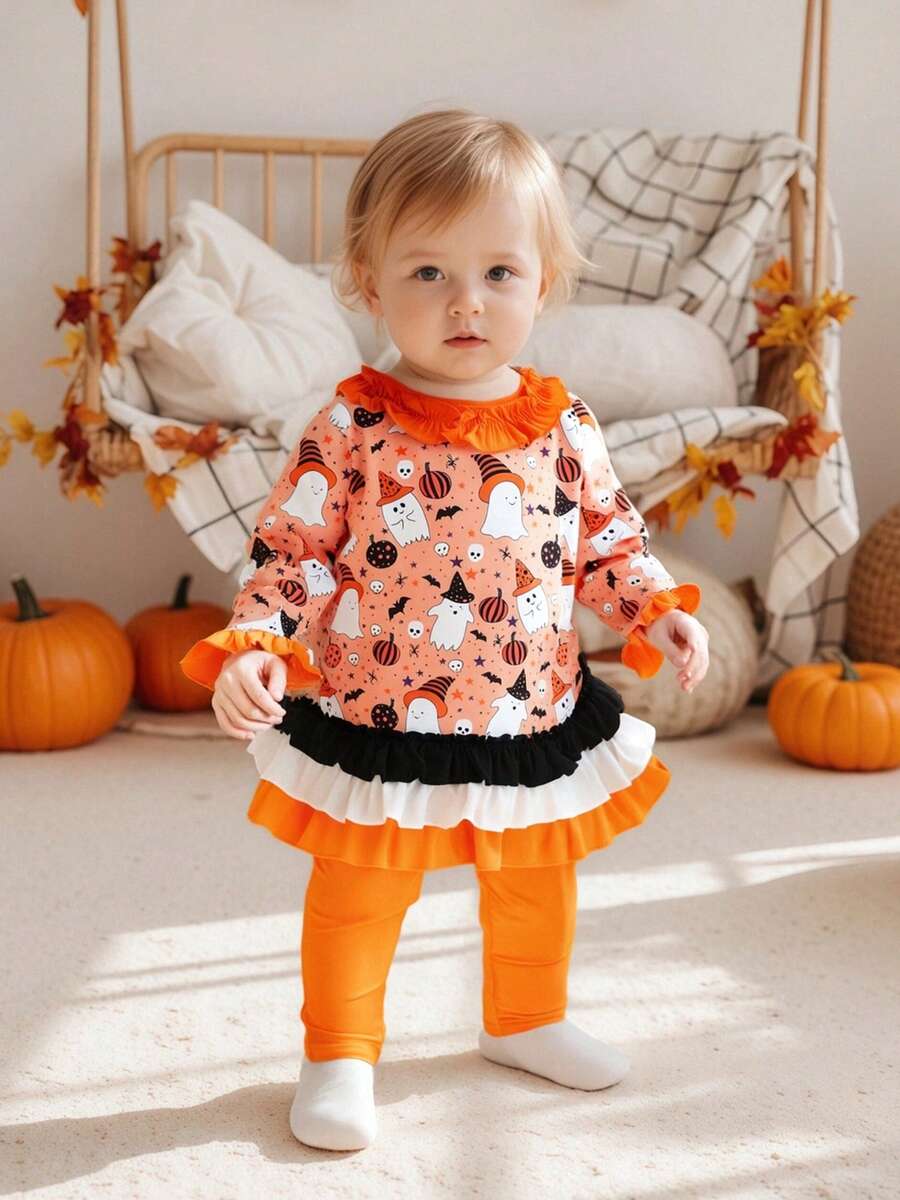 Toddler Girls Hallloween Clothes Set Ghost Pattern Long Sleeve Ruffled Ttim Tops With Striped/Solid Color Pants 2 Pcs Outfit - Orange - View 1