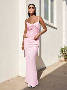 Women's Bodycon Cami Dress Solid Color Sheer Mesh Cutout Sleeveless Spaghetti Strap Long Dress - Hồng - Xem 3