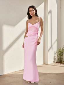 Women's Bodycon Cami Dress Solid Color Sheer Mesh Cutout Sleeveless Spaghetti Strap Long Dress - Hồng - Xem 6