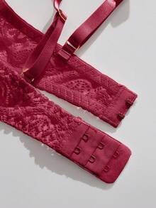 性感内衣，时尚粉色花朵蕾丝内衣套装，无罩杯文胸和内裤 - 酒紅色 - 查看 4