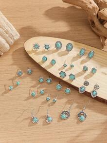 16 pares de conjuntos de aretes de botón y aretes colgantes geométricos de turquesa, joyas de estilo bohemio para mujeres - 16 pares de turquesas geométricas - Ver 4