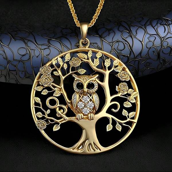 1 Stück elegante Cut Out Tier Eule & Lebensbaum runde Anhänger Halskette, luxuriöser schicker Schlüsselbein-Ketten Schmuckzubehör, geeignet für Männer, Frauen, Geschenke, alle Jahreszeiten, Freundinnen, Mütter, Party, täglichen Gebrauch