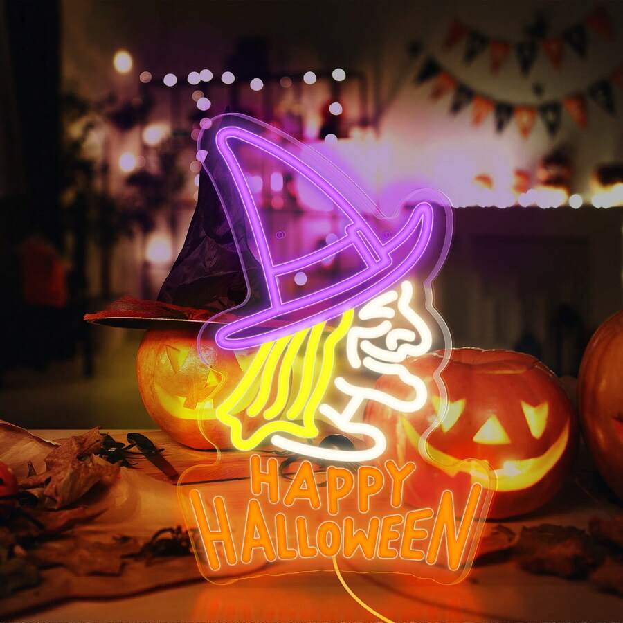 万圣节女巫霓虹灯，USB 供电可调光 LED 艺术墙饰，塑料按钮霓虹灯，壁挂式多功能装饰，适用于卧室、酒吧/派对装饰/圣诞灯万圣节装饰灯家居装饰派对装饰万圣节装饰房间装饰万圣节花园装饰礼物仙女