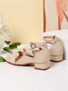 1 Pair Summer New Girls' Fashion Roman High Heel Sandals, Diagonal Strap Decor Personalized Elegant Dignified Elegant, Girls' High Heel Dance Shoes, Student Performance Daily Activity Sandals - Apricot - View 8