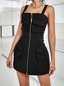 Y2K街头风学院风卡其色拉链多口袋抽绳侧金属环连接工装连体裤 - 黑色 - 查看 4