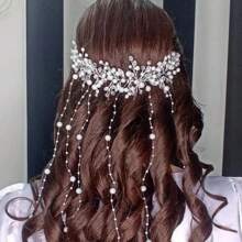 1pc Elegant Silver Pearl Crystal Tassel Headband, Handmade Shiny Bridal Headdress Accessories Suitable For Wedding, Party, All Seasons
