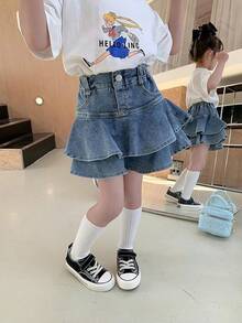 Little Girl's Denim Skirts Mini Flared Pleated Toddler Jean Skorts With Shorts Underneath - 藍色牛仔布 - 查看 6