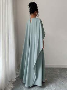 女士优雅纯色长袍连衣裙，适合夏季和秋季穿着 - 淺藍色 - 查看 3