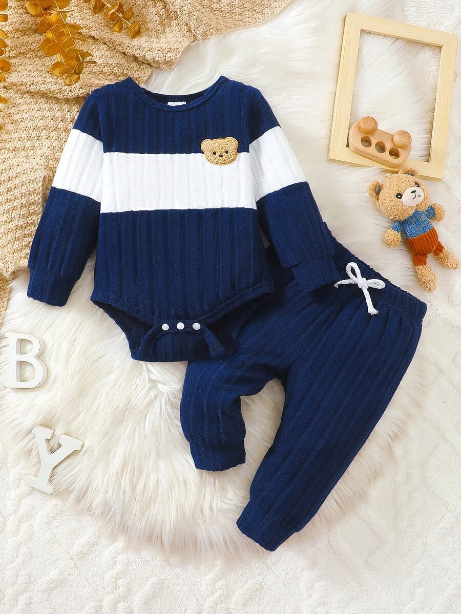 2pcs Toddler Baby Long Sleeve Soft Plush Cute Bear Design Set, Stretchy, Lightweight & Comfortable, Suitable For Baby Boys - Blue - View 1