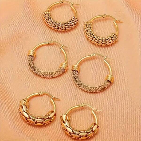 3 Pairs Stainless Steel Net & Wheat Textured Fashion Earrings, Thoughtful Gifts For Yourself, Friends, Mothers, Wives