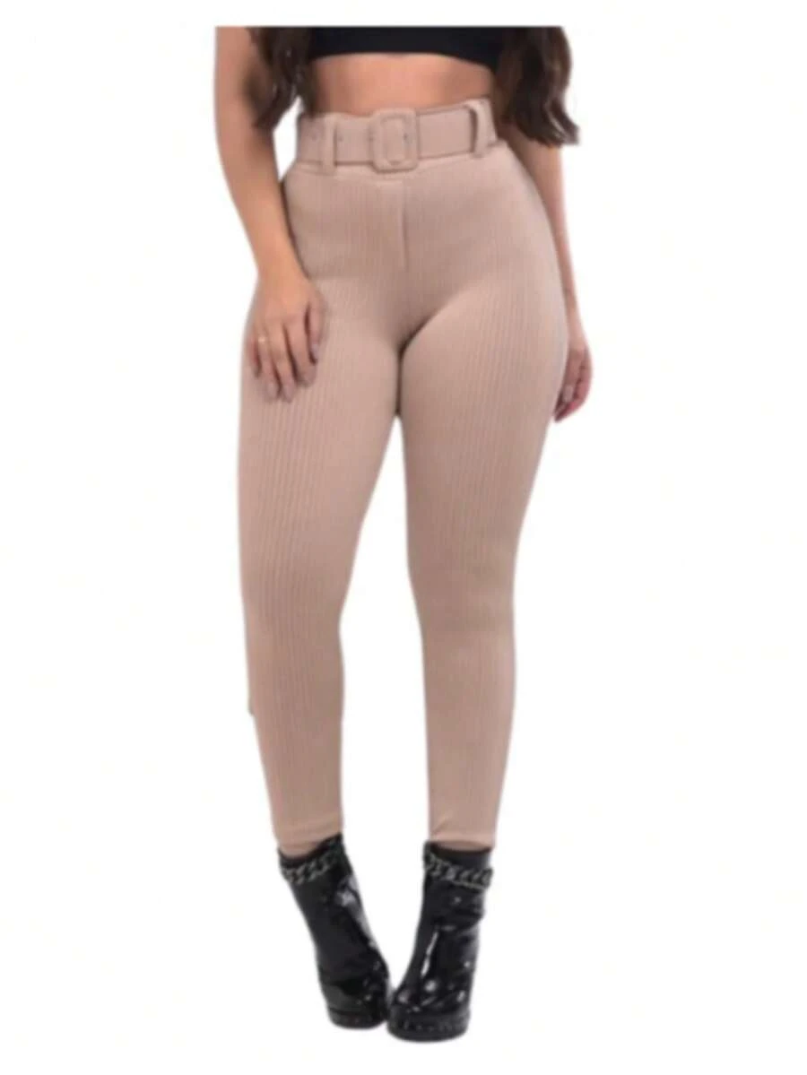 Women's 3D Ribbed Riding Pants Leggings With Belt High Waist Pocket - 米色 - 查看 1