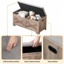 Storage Chest, Wooden Storage Bench With Lift Top, Storage Trunk With Safety Hinges, Wooden Entryway Bench With Soft Seat Cushion, Shoe Bench, Entryway Organizer Toy Chest For Living Room Bedroom - 淺象牙色 - 查看 6