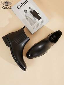 DESAI Men's Low Heel Ankle Boots, Chelsea Style, Retro British Wind, Leather Boots, Business Shoes, Boots - Black - View 3