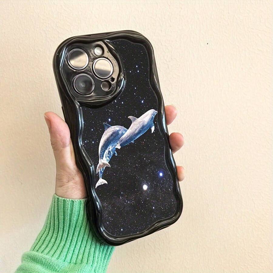Funda para teléfono 1 funda para teléfono S > X/ 11/ 12/ 13/ 14/ 15/ 16 Pro | Funda para teléfono Wave | Chicas y hombres lindos | Diseñado con delfines cósmicos nadando en una noche estrelladaTeléfono ultradelgado y liviano - Negro - Ver 1