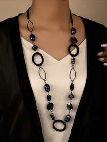 1pc Fashionable Retro Black Long Necklace, Suitable For Daily Wear - Black - View 1