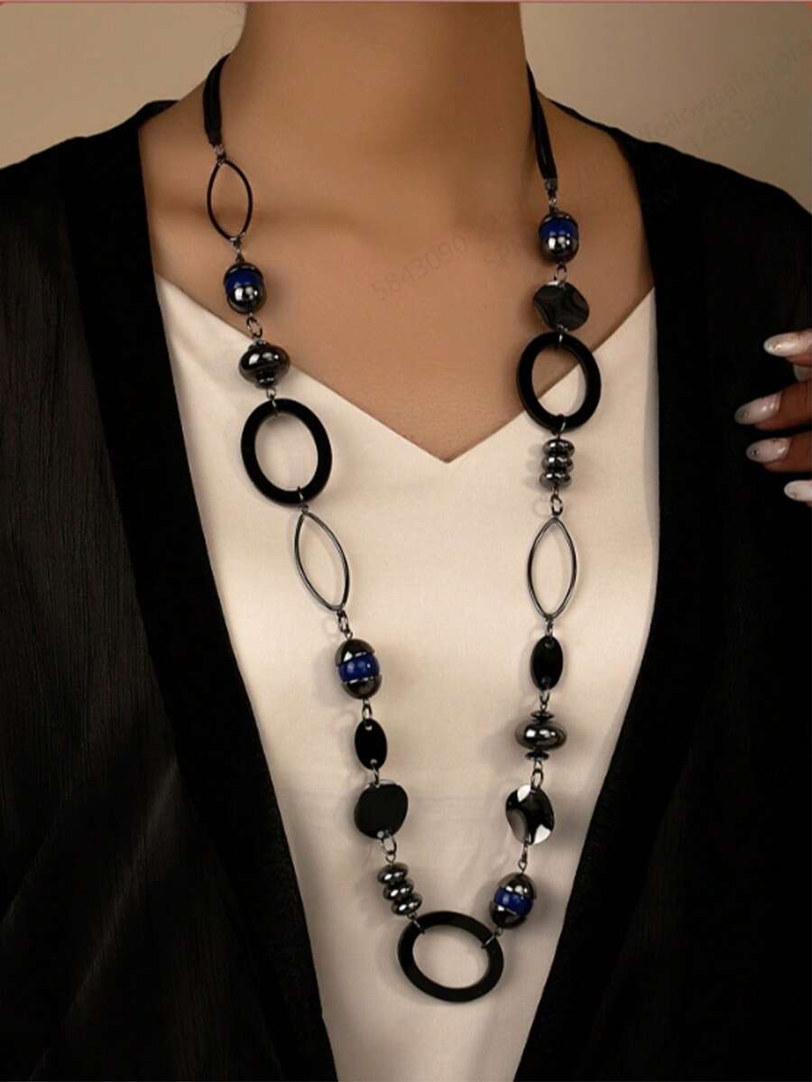 1pc Fashionable Retro Black Long Necklace, Suitable For Daily Wear - Black - View 1