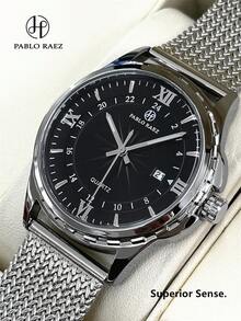 Pablo Raez 1 件男士不锈钢夏季海滩配饰手表奢华原创迷人银色珠宝不褪色 IPS 镀层 50 米防水网状钢表带时尚石英表 - 均碼 - 查看 6