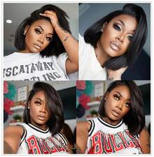 200% Density Kinky Straight Bob Wig Human Hair Wigs Yaki 13X4 HD Transparent Short Bob Lace Front Wigs - Natural Black - 查看 3