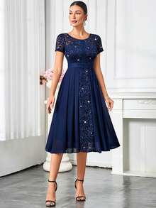 MIUSOL Sequin Floral Lace Contrast Chiffon Round Neck Pleated Hem Evening Party Long Dress Summer Elegant - Navy Blue - View 5