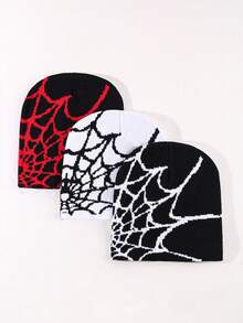 3/1pc Y2K Spider Web Pattern Hat, Elastic Foldable Knitted Beanie Cap For Men, Warm Printed Knit Hat,Summer,Beach,Holiday,Festival,Travel - Multicolor - View 1