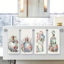 4pcs Vintage Rose & Perfume Bottle Floral Kitchen Towels, Multifunctional Absorbent Lightweight Super Soft Fiber Towels, Gift For Fragrance Lovers, Suitable For Home, Kitchen, Dinner, Wedding For Bathroom Kitchen Decor Dish Cloths Kitchen Towel - Multicolor - View 4