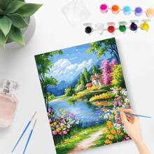 1pc Diy Painting By Numbers For Adults River Flower Road Coloring By Numbers Landscape Wall Art Home Decors 40x50cm/16x20inch Without Frame