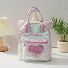 1pc Shiny Sequin Backpack, Large Pasta Shape, Unicorn Horn Design, Convertible Shoulder & Handbag, Adjustable Rainbow Strap, Zipper Closure, Suitable For School, Outings, Lovely Gift
