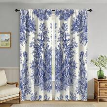 2pcs Blue Toile De Jouy Style Blackout Curtains - Elegant Floral Design, Grommet Top, Thermal Insulating & Light Blocking For Living Room And Bedroom Decor, Polyester Material, Wrinkle-Resistant, Curtains For Living Room