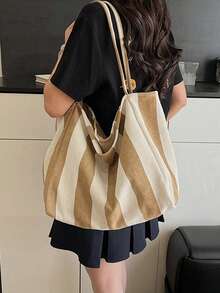 Women Striped Shoulder Bag Simple Carrying Bag Large Capacity Stylish Shoulder Purse Casual Shopping Bag Canvas Commuting Bag Summer Stripe Canvas Tote Bag Female Casual Large Capcity Handle Bag Simple Shoulder Bags Shopping Handbag Daily Totes Bag - Khaki - View 8