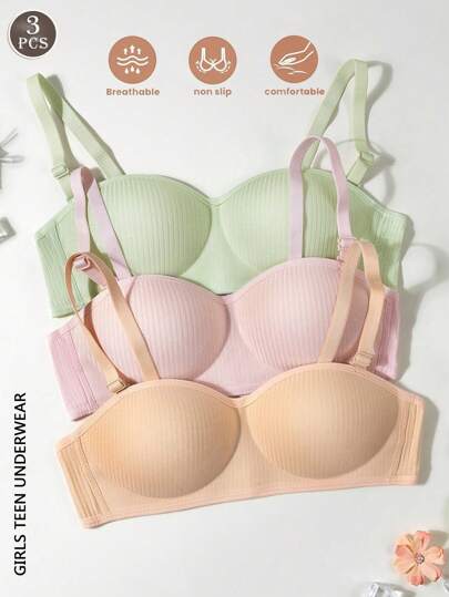 3 Packs Girls Teen Ribbed Strapless Girls' Bras Comfortable Simple Teen Bras With Straps For Ages 13 - 16