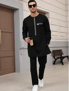 Muslimische Kleidung schwarzes Vollhemd und Hosen 2-teiliger afrikanischer Herrenanzug Kafatan, elegantes Oberteil ohne lange Ärmel und Hosen, vollständiger Luxusanzug für Herren Hochzeit