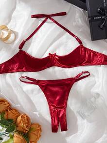 两件套勃艮第红色蕾丝透明性感内衣带钢圈，欧式法式贴身衣物 - 酒紅色 - 查看 1