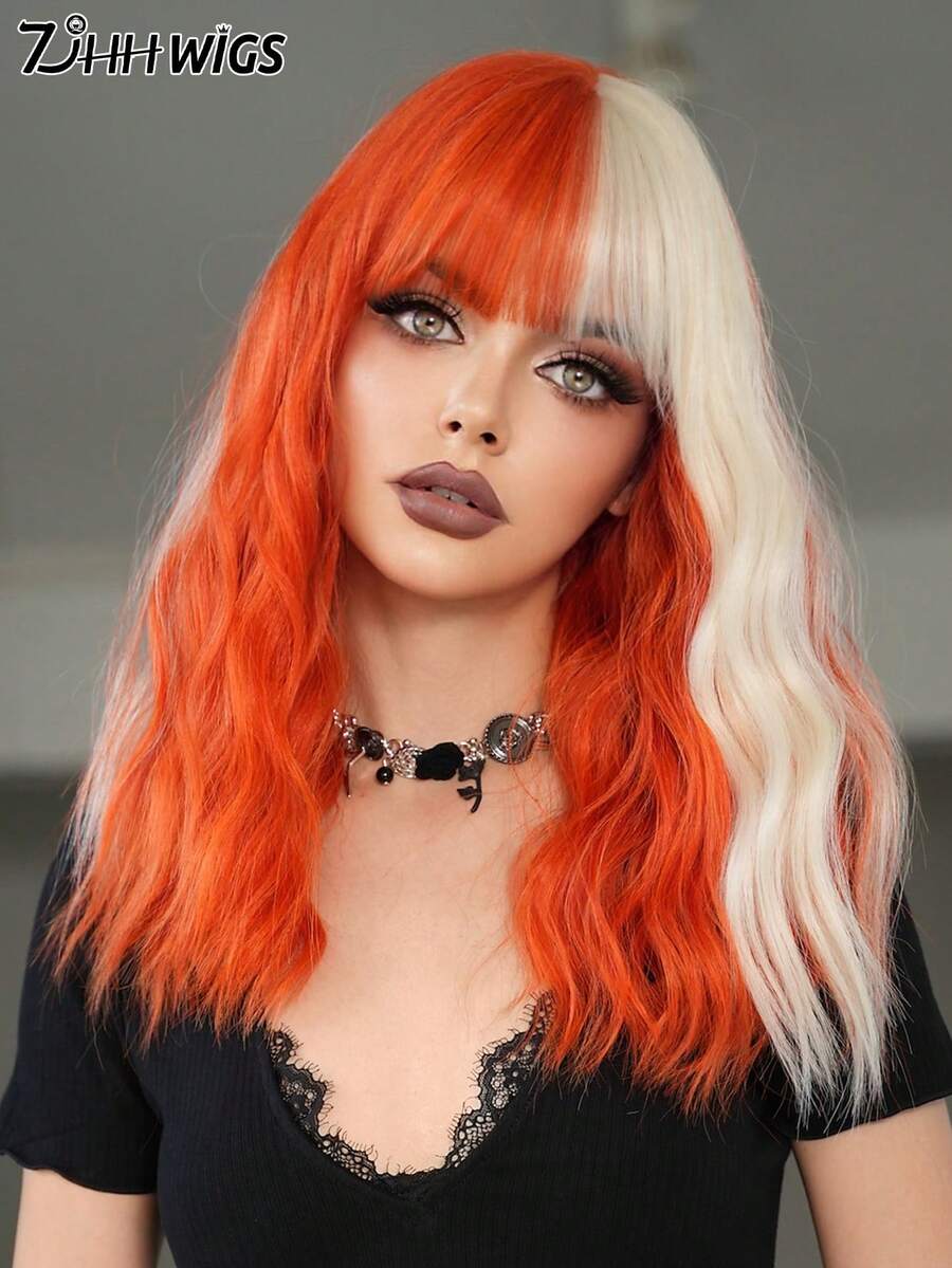 7JHH WIGS 16 英寸短款波浪橙色铂金假发，女士合成齐肩卷发，带刘海，耐热纤维假发，适合女士日常派对、音乐节和万圣节角色扮演 - 橘色 - 查看 1